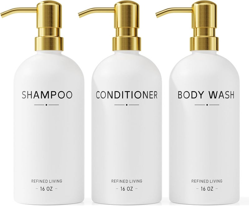 Aeakey Shampoo and Conditioner Dispenser Set,3 Refillable 16oz Bottles with Stainless Steel Pumps – Shower Soap Dispensers for Bathroom, Hotel or Airbnb (Gold, 3-Pack) - Image 1